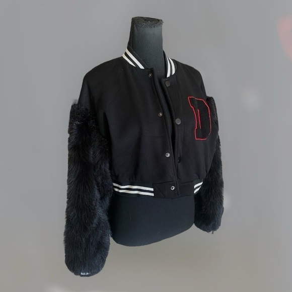 Faux Fur Sleeve Letterman Varsity Baseball Bomber Jacket Cropped Small Black - Picture 14 of 15